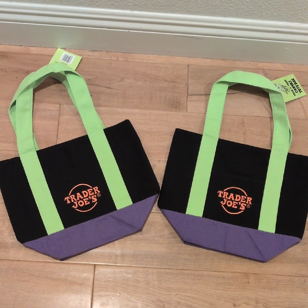 2x Trader Joe's Halloween Mini Tote Bag Black Green Purple NWT